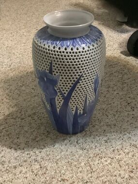 Blue Floral Pierced Ceramic Accent Vase, 12” tall
